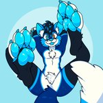 1:1 absurd_res anthro black_body black_fur black_hair blep blue_background blue_highlights blue_pawpads canid canine cheek_tuft chest_tuft facial_tuft featureless_crotch feet foot_focus fox fur hair heterochromia hi_res highlights_(coloring) inner_ear_fluff lying male mammal on_back pawpads paws simple_background smile solo tongue tongue_out tuft white_body white_fur wide_eyed xing1