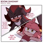 1:1 2023 amy_rose anthro blush clothing comic dialogue duo english_text eulipotyphlan female gloves handwear hedgehog hi_res kumo_zd male male/female mammal narrowed_eyes open_mouth open_smile sega shadow_the_hedgehog signature simple_background smile sonic_boom sonic_the_hedgehog_(series) text tuft unimpressed white_background