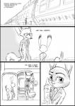 2016 anthro canid canine clothed clothing comic dialogue digital_drawing_(artwork) digital_media_(artwork) disney english_text female fox fur group hi_res judy_hopps lagomorph leporid male mammal monochrome nick_wilde rabbit red_fox simple_background text thewyvernsweaver true_fox zootopia