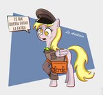 blonde_hair brown_bag chespirito clothed clothed_feral clothing cometarojizo cutie_mark derp_eyes derpy_hooves_(mlp) dialogue el_chavo_del_ocho equid equine feathered_wings feathers female feral friendship_is_magic grey_body hair hasbro hat headgear headwear hi_res horse jaimito_el_cartero mail mammal my_little_pony mythological_creature mythological_equine mythology pegasus pony solo spanish_text text translation_request uniform wings yellow_eyes