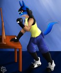 2015 3_toes 4_fingers 5:6 anthro artist_logo black_body black_fur blue_body blue_fur bottomwear chest_spike clothed clothing digitigrade eyewear feet fingers fur fur_growth furniture generation_4_pokemon glasses growth hair_to_fur hand_on_table hand_spike hi_res human human_to_anthro inside logo looking_at_reflection lucario male mammal mid_transformation motion_lines nintendo open_mouth paws plantigrade plantigrade_to_digitigrade pokemon pokemon_(species) red_eyes shaded shoe_burst shorts signature simple_background snout snout_growth soft_shading solo species_transformation spikes spikes_(anatomy) spirit_dancer sunglasses table tail tail_burst tail_growth tail_motion tailwag tan_body tan_fur teeth toes topless torn_bottomwear torn_clothing torn_shoes torn_shorts transformation