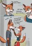 accessory anthro brown_eyes canid canine clothing comic dialogue digital_media_(artwork) duo female fox green_eyes hi_res husband_and_wife infidelity male male/female mammal married_couple medibang_paint_(artwork) red_clothing spanish_text text touching_face translated wolfyalex96