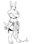 2020 ambiguous_gender ankh anthro anubian_jackal anubis armlet black_and_white canid canine canis claws clothed clothing deity duo egyptian_mythology empty_eyes eye_of_horus fox hi_res jackal karishad lever male male_(lore) mammal middle_eastern_mythology monochrome muscular muscular_arms muscular_male mythology rick_griffin size_difference topless