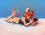 absurd_res anthro big_ears clothed clothing eyewear feet felid feline female foot_fetish foot_focus fur glasses hair hi_res humanoid_feet mammal markings nintendo nintendo_switch pimstacja pistacja plantigrade red_hair serval simple_background smile solo spots spotted_body spotted_fur tail