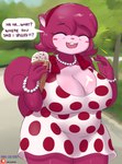 anthro big_breasts breasts clothing dessert dialogue dress eyes_closed female food gem hi_res ice_cream jewelry mammal mature_female mr-shin necklace overweight overweight_anthro overweight_female pattern_clothing pattern_dress pearl_(gem) pearl_necklace rodent sciurid solo spots spotted_clothing spotted_dress text thick_thighs tree_squirrel wide_hips