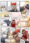 absurd_res anthro boss_(gym_pals) canid canine canis clothed clothing comic dialogue ear_piercing english_text facial_piercing felid gesture gym_pals h155296 hand_gesture hi_res lip_piercing male mammal myosotis_(gym_pals) nipple_piercing nipples pal_(gym_pals) pantherine piercing selfie text thumbs_up tiger topless wolf