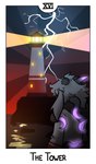 2023 anthro bovid broken_horn caprine card card_template clothing detailed_background electricity english_text floppy_ears fortune_telling glowing glowing_horn glowing_tentacles goat hair hi_res horn light light_beam lighthouse long_ears looking_away major_arcana male mammal mewgle reed_(mewgle) roman_numeral seaside shirt solo tarot tarot_card tentacles text the_tower_(tarot) topwear tower water white_hair