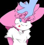 alpha_channel anthro blue_eyes canid canine canis clothing fox fur fuzzy_hair hair hands_behind_back headpat heart_(marking) hybrid kay_(kaykorr) kaykorr looking_up male mammal markings one_eye_closed pink_body pink_fur shirt smile solo topwear touching_hair white_clothing white_shirt white_topwear wolf ych_(character)