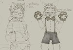 2024 absurd_res anthro bottomwear bow_tie clothed clothing digital_media_(artwork) directional_arrow domestic_cat english_text fangs felid feline felis front_view guide_lines hair half-closed_eyes hand_in_pocket hi_res jacket male mammal monochrome narrowed_eyes overalls pants paw_pose pockets pose sharp_teeth shirt shorts sketch smile smug smug_face solo standing sushi_(sushiamazing) sushiamazing tail teeth text tongue tongue_out topwear