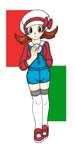 5_fingers blush bow_ribbon brown_hair clothed clothing female fingers footwear front_view green_background hair hat headgear headwear human human_only ivanks knee_highs legwear looking_down lyra_(pokemon) mammal medium_hair nintendo not_furry overalls pokeball pokemon pupils red_background red_eyes red_ribbon shoes simple_background smile solo standing white_background white_body white_skin