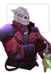 2018 absurd_res alien anthro biped clothed clothing daire301 digital_media_(artwork) facial_scar grey_body hi_res male melee_weapon orange_eyes poison red_clothing reptile scalie scar sharp_teeth simple_background smile solo star_wars teeth trandoshan weapon white_background