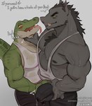 anthro anthro_on_anthro asphyxiation beard big_bulge big_pecs bodily_fluids bottomwear bulge bulge_grab chest_tuft choking clothed clothing crocodile crocodilian cum cum_drip dialogue dripping duo english_text erection facial_hair foxfawl genital_fluids genitals green_body green_scales hi_res male male/male mammal muscular muscular_anthro muscular_male nipples pecs penis penis_grab precum precum_through_clothing reptile scales scalie shirt shorts suid suina sus_(pig) sweat tank_top text tongue tongue_out topwear tuft wet wet_clothing wild_boar