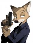 4_fingers anothercolouranon anthro canid canine clothed clothing colored disney dithering fingers fox fur green_eyes gun handgun holding_arm holding_gun holding_object holding_ranged_weapon holding_weapon looking_aside male mammal necktie nick_wilde pistol police police_uniform raizinndx ranged_weapon red_fox shirt simple_background solo tan_body tan_fur topwear true_fox uniform weapon white_background zootopia