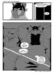 2023 anthro appletun beard bed big_muscles blush body_hair chest_hair clothed clothing comic deadanthro detailed_background dialogue dragon duo elemental_creature english_text equid facial_hair floppy_ears flora_fauna furniture generation_7_pokemon generation_8_pokemon hands_behind_head hat hat_over_eyes headgear headwear heavy_blush hi_res huge_muscles larger_male light light_beam lying lying_on_bed macoun_(deadanthro) male male/male mammal mature_male monochrome mudsdale muscular muscular_male mythological_creature mythological_scalie mythology nintendo nipples obscured_eyes on_bed overweight overweight_male pecs plant pokemon pokemon_(species) romantic romantic_couple scalie shaded size_difference sleeping_together smaller_male speech_bubble text topless tucker_(deadanthro)