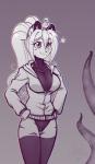 2016 absurd_res anthro biped bottomless cheek_tuft clothed clothing eyebrows eyelashes facial_tuft felid female grey_background hair hands_on_hips hi_res hoodie kattleen_(scorpdk) legwear leotard long_hair mammal monochrome pantherine scar scorpdk simple_background smile solo standing star tentacles thigh_highs tiger topwear tuft