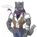 1:1 anthro bandage barazoku beard belt bottomwear canid canine canis chapper_(pleasant_goat_and_big_big_wolf) clothing facial_hair hair male mammal muscular muscular_anthro muscular_male pants pleasant_goat_and_big_big_wolf purple_beard purple_facial_hair purple_hair purple_scarf scarf shirt simple_background topwear white_background wolf