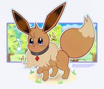 brown_body brown_fur canid canine collar digital_media_(artwork) eevee english_text fan_character female feral freya_howell fur generation_1_pokemon hi_res mammal nintendo pokemon pokemon_(species) scorbunny_(artist) simple_background solo text wanderlust