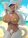 3:4 abs accessory areola areola_slip big_breasts bikini_top_only breasts cleavage clothed clothing dark_body dark_skin ear_piercing female fur g_tsurimasu golden_bikini hair haplorhine hat headgear headwear hi_res huge_breasts mammal monkey muscular muscular_female one_eye_closed open_mouth piercing primate pubes red_eyes smile tail under_boob visor_cap white_body white_fur white_hair