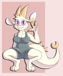 absurd_res anthro chikn_nuggit claw_fingers clothed clothing crouching dragon female fwench_fwy_(chikn_nuggit) hi_res horn looking_at_viewer mythological_creature mythological_scalie mythology nonbinary_(lore) overalls overalls_only ruiny34 scalie solo white_body