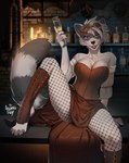 2023 alcohol anthro ariannafray_pr bar beverage breasts champagne champagne_glass cleavage clothed clothing container cup detailed_background dress drinking_glass female fishnet_clothing fishnet_leggings fishnet_legwear fluffy fluffy_tail footwear fur glass glass_container glass_cup grey_body grey_fur hi_res inside leggings legwear looking_at_viewer mammal markings open_mouth procyonid raccoon robin_raccoon solo steampunk_goggles striped_markings striped_tail stripes tail tail_markings toeless_footwear