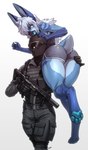 absurd_res anthro assault_rifle avian balaclava beak big_butt bird blue_body blue_eyes blue_fur blue_pawpads blue_tongue bottomwear bulletproof_vest butt carrying_another claws clothed_female clothed_male clothing countershading damsel_in_distress digital_media_(artwork) digitigrade dolphin_shorts duo female female_anthro finger_claws fingerpads fur gun hair hi_res holding_gun holding_object holding_ranged_weapon holding_weapon human hybrid inner_ear_fluff lagomorph legs_together leporid long_hair male male_human mammal markings mask military military_uniform pawpads pgm300 rabbit ranged_weapon rifle scut_tail short_tail shorts shoulder_carry signature simple_background smaller_version_at_source soldier striped_markings stripes surprise tail terena_(axel0527) thick_thighs toe_claws tongue tuft uniform warrior weapon white_hair