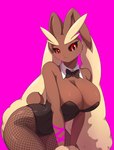 anthro bald big_breasts biped breasts brown_body bunny_costume cleavage clothed clothing costume eyebrows eyelashes female fur generation_4_pokemon hi_res huge_breasts looking_at_viewer lopunny nintendo pokemon pokemon_(species) pupils solo son2j thick_eyebrows thick_thighs