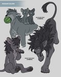 absurd_res claws english_text eyes_closed felid feral fur grey_body grey_fur group hi_res kaburion kemono licking lion male mammal mane pantherine pawpads paws quadruped self_lick tail tail_tuft text tongue tuft young young_feral young_male