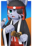 Rating: s
ID: 5577676
Date: 2025-05-16 22:05:30 -0400
Status: active
Score: 9
2025 4_fingers absurd_res anthro asian_clothing bemani black_clothing black_eye_patch black_eyewear black_kimono blue_background blush border bottomwear clothing east_asian_clothing eye_patch eyewear fangs felid fingers fur green_eyes grey_body grey_fur headdress hi_res japanese_clothing japanese_description kagetora_(pop'n_music) kemokemo02091 kimono konami looking_at_viewer male mammal melee_weapon open_mouth orange_background pantherine pants pop'n_music red_bottomwear red_clothing red_pants serious simple_background solo sword tail teeth tiger weapon white_border young young_anthro young_male post #5577676