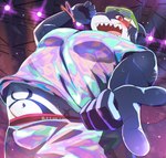 anthro belly blue_body blush dancing eyewear eyewear_on_head fish lifewonders male marine musclegut muscular navel pecs red_eyes scar shark sharp_teeth smile solo suna_sand1 sunglasses sunglasses_on_head teeth tokyo_afterschool_summoners typhon_(tas) wristband