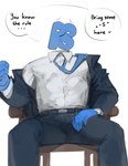 absurd_res belt blue_body bottomwear bulge chair clothed clothing cool_colors dialogue dress_shirt english_text for_a_head fully_clothed furniture hi_res humanoid jacket kogito male necktie not_furry object_head on_chair pants present_simple shirt sitting sitting_on_chair solo speech_bubble suit talking_to_viewer text topwear