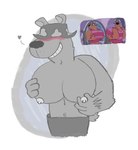 4_fingers anonymous_artist anthro bear blush bottomwear clothed clothing digital_drawing_(artwork) digital_media_(artwork) fingers hanna-barbera hat headgear headwear heart_symbol help!._it's_the_hair_bear_bunch! male mammal monochrome moobs moobs_grab navel nipple_fetish nipple_play nipples obscured_eyes pants reference_image sketch smile solo square_bear teeth topless ursine