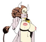 alternate_species animal_ears animal_humanoid animal_tail areola armwear bell bell_collar big_breasts blush blush_lines bodily_fluids bovid bovid_humanoid bovine bovine_humanoid breasts brown_body brown_eyes brown_fur brown_hair cattle_humanoid clothed clothing collar covered_mouth exposed_breasts eyelashes female floppy_ears fur hair haru_okumura horn horned_humanoid huge_breasts humanoid lactating lop_ears mammal mammal_humanoid milk navel necrolepsy nipples open_clothing open_topwear persona_(series) persona_5 pink_areola pink_clothing pink_nipples pink_sweater pink_topwear simple_background solo sweater tail tail_tuft tailed_humanoid tan_body tan_skin topwear tuft white_armwear white_background white_clothing white_horn