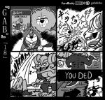 5_fingers angry anthro base_two_layout black_border border canid canine canis chow_chow clothed clothing comic controller cute_fangs dark_souls demon dialogue domestic_dog english_text eyebrows eyes_closed fingers four_frame_grid four_frame_image fromsoftware fully_clothed gab_(comic) gabshiba game_case game_controller game_parody gaming greyscale grid_layout group hammer holding_controller holding_game_controller holding_object horn japanese_text magic magic_user mammal media_case meme monochrome musical_note musical_symbol parody playing_video_game playstation playstation_4 playstation_controller playstation_logo regular_grid_layout robe sony_corporation sony_interactive_entertainment sound_effects speech_bubble spitz staff symbol teeth text tools translated two_row_layout wang_chow whistling you_died_(meme)