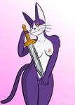 .hack anthro big_ears breasts cyberconnect2 domestic_cat felid feline felis female fur genitals hi_res holding_object holding_weapon lionclaw looking_at_viewer mammal mia_(.hack) nipples nude_female purple_body purple_fur pussy solo weapon yellow_eyes