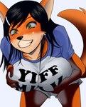 anthro big_breasts black_hair breasts canid canine canis clothed clothing derp_eyes dingo english_text female fox green_eyes hair hand_on_breast humor mammal mega_milk meme rape_face shiden_akira shirt solo subakitsu tail text text_on_clothing text_on_shirt text_on_topwear third-party_edit topwear