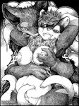 2021 anthro artist_name bedroom_eyes breast_grab breasts chest_tuft consentacles dated duo fangs female greyscale hand_on_breast male male/female mammal monochrome narrowed_eyes nipples nude o-kemono seductive shade_(shadeaoiyuki) teeth tentacles text traditional_media_(artwork) tuft url wolfe_thane_(wolfethane)