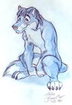 2001 anthro black_claws black_hair black_nose blue_body blue_fur canid canine canis claws colored_pencil_(artwork) crouching eyebrows full-length_portrait fur hair herbie_bearclaw hindpaw male mammal nude paws pen_(artwork) portrait signature smile smile_lines snout solo tail traditional_media_(artwork) whisker_spots white_body white_fur wolf