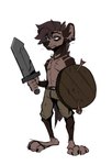 anthro arrows barefoot belt bottomwear brown_body brown_fur brown_hair clothed clothing digital_media_(artwork) ear_piercing ear_ring feet fur hair hi_res holding_melee_weapon holding_object holding_weapon hyena hyenamancer jewelry male mammal melee_weapon pants piercing ring_piercing shield shorts simple_background solo sword tail topless topless_anthro topless_male weapon