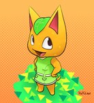 absurd_res animal_crossing anthro bottomwear citrus_fruit clothing domestic_cat felid feline felis female green_bottomwear green_clothing green_skirt half_dime hi_res looking_at_viewer mammal markings nintendo orange_body orange_skin skirt smile smiling_at_viewer solo spots spotted_body standing tail tangy_(animal_crossing) tongue