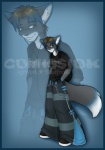 akkeresu alternative_fashion anthro backpack band_shirt biped blue_background blue_border blue_hair bondage_pants border bottomwear canid canine clothed clothing denim denim_bottomwear denim_clothing digital_media_(artwork) domestic_cat earbuds electronics felid feline felis fox fully_clothed fur grey_body grey_fur hair headphones hi_res hybrid jeans lockworkorange looking_at_viewer male mammal pants phat_pants shaded simple_background solo standing tail tool_(band) tools watermark white_body white_fur