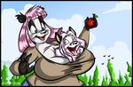 2016 anthro apple apple_(dutch) artist_name bear big_breasts black_border border bottomwear breasts canid canine canis clothing cloud deon_(deonwolf) digital_media_(artwork) duo dutch_(artist) female food fruit giant_panda hair male mammal misty_the_mouse open_mouth pants pink_hair plant shirt sky teeth tongue tongue_out topwear tree wide_hips wolf