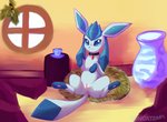 canid collar container cup eeveelution fan_character female feral freya_howell furniture gem generation_4_pokemon genitals glaceon hay_bed hi_res inside mammal nintendo pokemon pokemon_(species) pokemon_mystery_dungeon presenting presenting_pussy pussy scorbunny_(artist) solo spike_chunsoft table vase wanderlust window