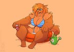 2023 anthro beverage_can bikini blue_eyes breasts brown_body brown_fur canid canine cleavage clothed clothing conditional_dnp female fur hair jollyjack kiddie_pool mammal mythological_canine mythological_creature mythology pecs pecs_with_breasts red_hair simple_background solo swimwear tan_background tongue tongue_out two-piece_swimsuit water watering_can were werecanid werecanine werewolf