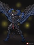 2023 abs after_transformation animal_genitalia animal_penis anthro avian biceps black_body black_feathers blue_body blue_feathers blurred_background clothing curved_tail feathers feline_genitalia feline_penis flaccid flexing flexing_bicep flexing_both_biceps genitals glistening glistening_body gryphon hi_res latex latex_clothing latex_skinsuit looking_at_viewer male muscular muscular_anthro muscular_male mythological_avian mythological_creature mythology nipples pecs penile_spines penis pose reckless_rocket rubber_clothing skinsuit smile smiling_at_viewer solo species_transformation spread_wings standing tail tight_clothing transformation wings yellow_sclera