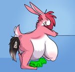 anthro anus belly big_belly big_breasts black_hair blue_background breasts brown_body brown_fur duo feet female female/female female_prey fingers fur hair hi_res lagomorph leporid lilly_(waismuth) mammal multicolored_body multicolored_fur nipples partially_inside pink_body pink_fur pink_tongue rabbit red_hair simple_background tail toes tongue tongue_out unbirthing unwilling_prey vaginal vore waismuth white_body white_fur