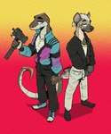 5:6 anthro boots bottomwear clothed clothing duo footwear gun hi_res hyena jacket mac-10 male mammal mawkvlt pants ranged_weapon scalie shoes simple_background sneakers submachine_gun topwear weapon