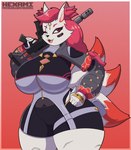 anthro big_breasts breasts canid canine dipstick_tail epic_games female fortnite fox fur gradient_background gun hexami hi_res holding_gun holding_object holding_ranged_weapon holding_weapon kimiko_five-tails mammal markings one_eye_closed ranged_weapon red_background red_tail_tip scar simple_background solo tail tail_markings thick_thighs weapon white_body white_fur wide_hips wink