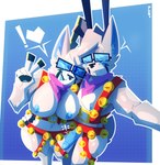 2024 5_fingers anthro anthro_on_anthro antlers bandanna becoming_erect bell bell_harness belly_tuft big_breasts black_eyes black_nose blue_antlers blue_background blue_body blue_eyewear blue_fur blue_glans blue_glasses blue_inner_ear blue_nipples blue_penis blush border breasts crossgender cute_fangs deer exclamation_point eyewear female fingers fur genitals gesture glans glasses grey_body grey_fur half-erect hand_gesture happy_nude_deer harness heart_symbol hi_res hip_grab hooved_fingers hooves horn humanoid_genitalia humanoid_penis hybrid_genitalia hybrid_penis intraspecies kerchief looking_at_another looking_at_viewer looking_down male male/female mammal medial_ring medial_ringed_humanoid_penis medial_ringed_hybrid_penis mostly_nude mtf_crossgender nipples one_eye_closed open_mouth penis pie_cut_eyes pose pupils purple_bandanna purple_kerchief selfcest simple_background skweekers smile speech_bubble spot_(skweekers) square_crossover thick_thighs tuft v_sign vein veiny_penis white_body white_border white_fur white_pupils wide_hips wink