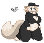 anthro belly big_belly big_breasts black_cap black_clothing black_hat black_headwear black_hoodie black_topwear breasts canid canine clothed clothing digital_media_(artwork) eyebrows female fluffy fluffy_tail fur green_eyes hat haxotf headgear headwear hi_res hoodie huge_breasts long_tail looking_at_viewer mammal navel paws simple_background slightly_chubby smile solo tail thick_thighs topwear white_body white_fur wide_hips