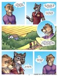 anthro base_three_layout blockage_(layout) blue_eyes border bottomwear building canid canine canis clothed clothing comic countryside dialogue duo ear_piercing ear_ring english_text farm fully_clothed fur gesture glen_(tsaiwolf) grey_body grey_fur hand_gesture hi_res horizontal_blockage house kiva_(tsaiwolf) looking_at_another male mammal multicolored_body multicolored_fur mustelid neck_muscles open_mouth otter outside pants piercing pink_tongue plant pointing ring_piercing shirt shorts shrub six_frame_image speech_bubble tan_body tan_fur teeth_showing text tongue topwear tree tsaiwolf two_tone_body two_tone_fur url whiskers white_border wolf